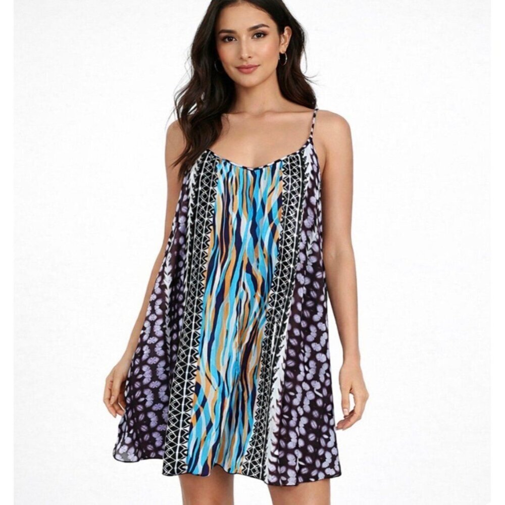 Express lightweight boxy fit vibrant multi patterned spaghetti strap dress SZ L